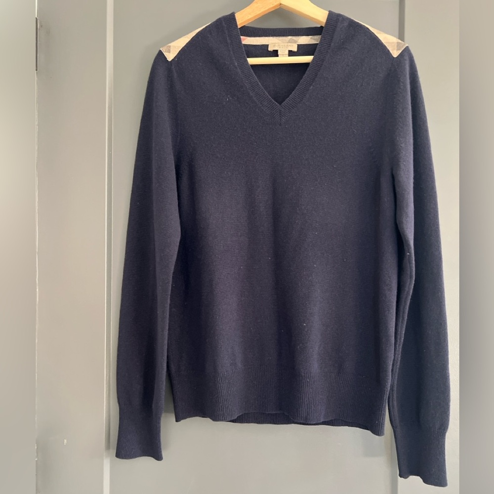 Burberry Navy Sweater with Beige Plaid Shoulders
